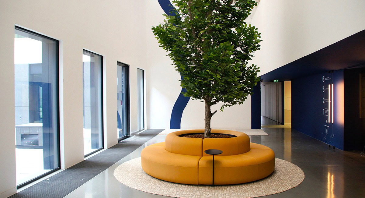 Hall d'immeuble avec un grand canapé circulaire et un arbre au centre